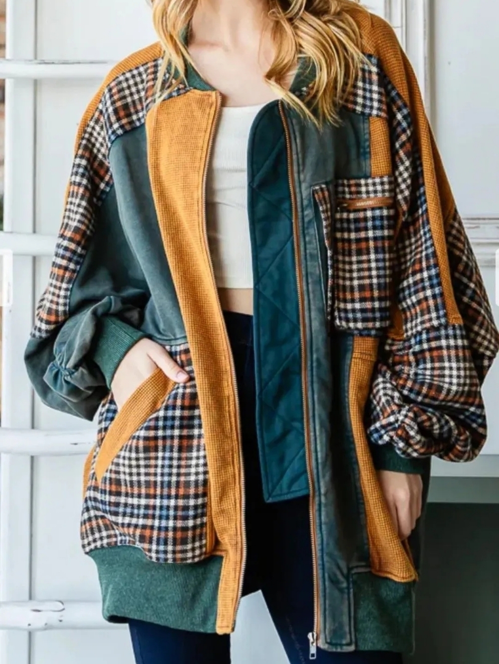 Oli & Hali Green and Mustard Plaid Corduroy Bomber Jacket
